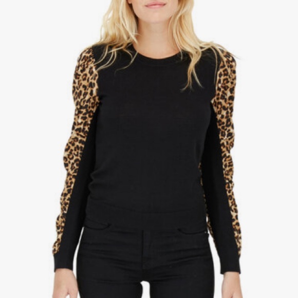 $395 VERONICA BEARD Adler Black Leopard Sleeve Merino Wool, Silk Sweater - Picture 2 of 3